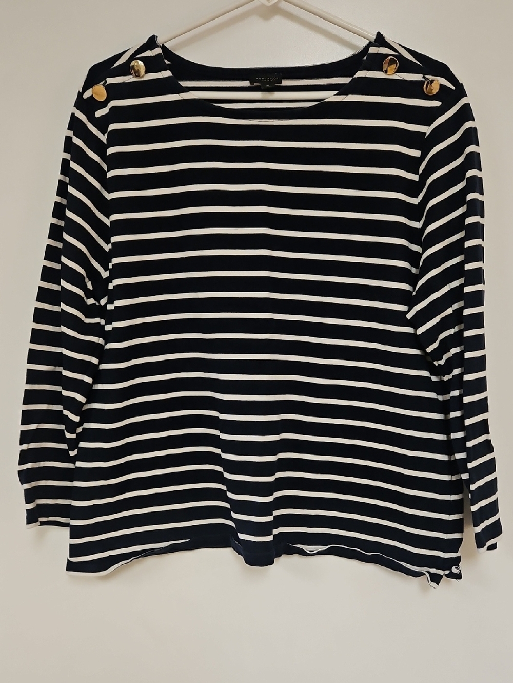 Ann Taylor Navy and White Striped Long-Sleeve Top with Gold Buttons